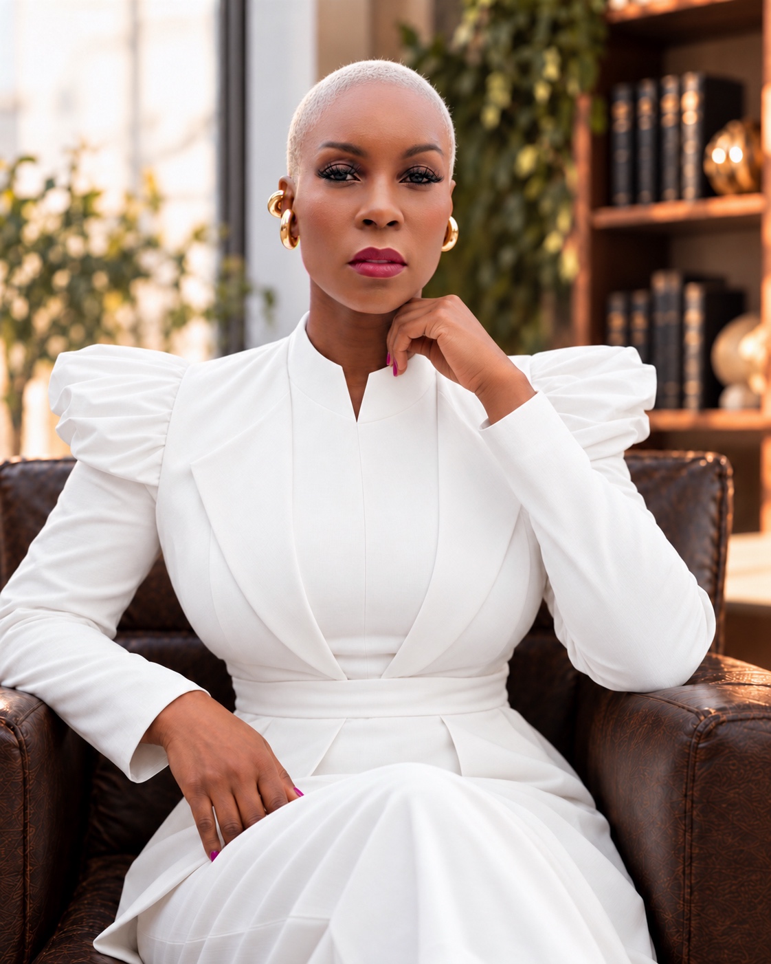 MiAngel Cody seated in a white tailored outfit in a warmly lit office