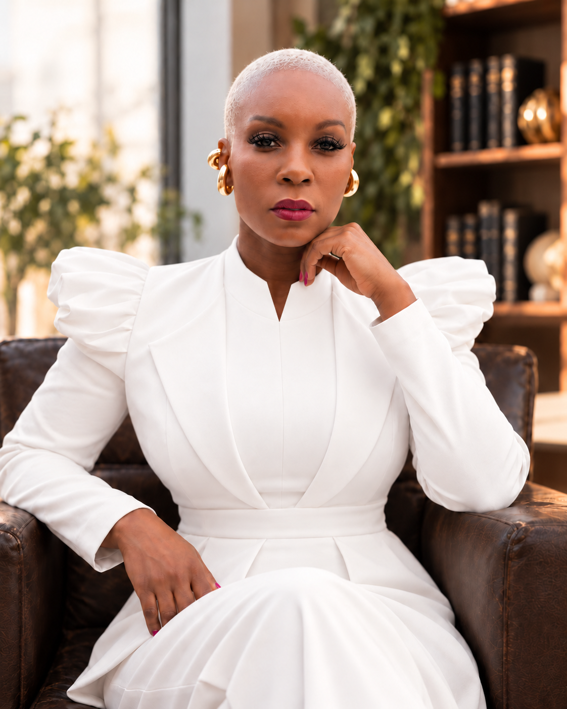 MiAngel Cody seated in a white tailored outfit in a warmly lit office